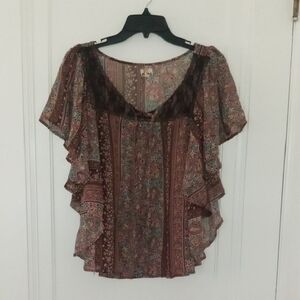 women large brown paisley sheer top short sleeve